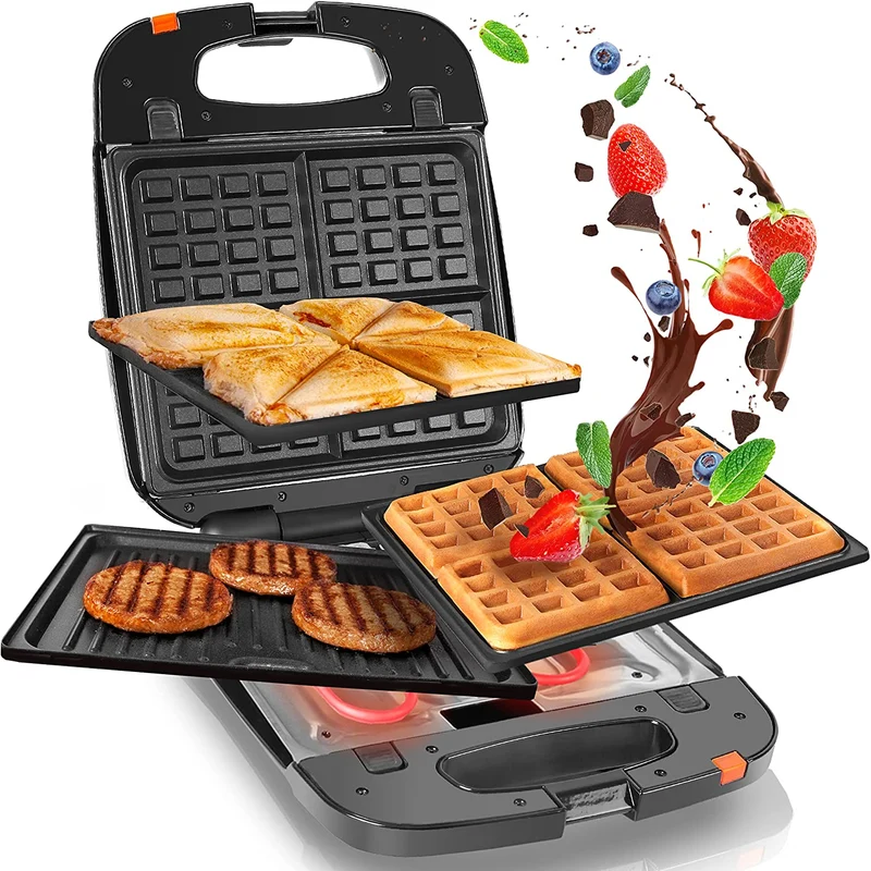 Duronic SWM60 Máquina para hacer snacks 3 en 1 | Parrilla, gofrera y sandwichera | 3 sets de placas intercambiables | 1200W | Antiadherente | Prepare, gofres, tostadas, comida a la parrilla