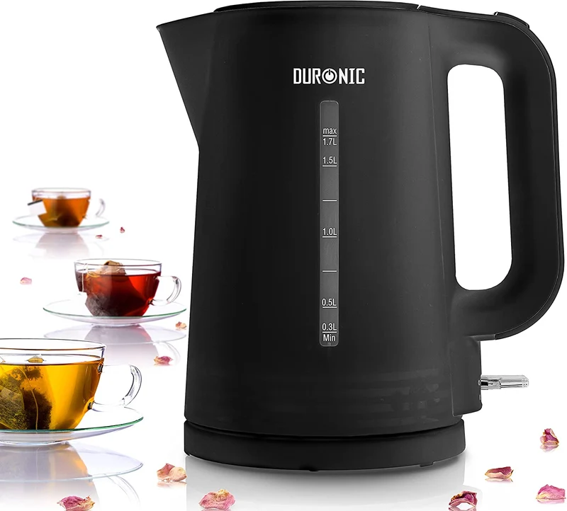 Duronic EK17 BK Hervidor de agua eléctrico 2200W - Capacidad 1,7 L - Desconexión automática | Base giratoria 360° - Filtro antical - Compacto Libre de BPA - Negro