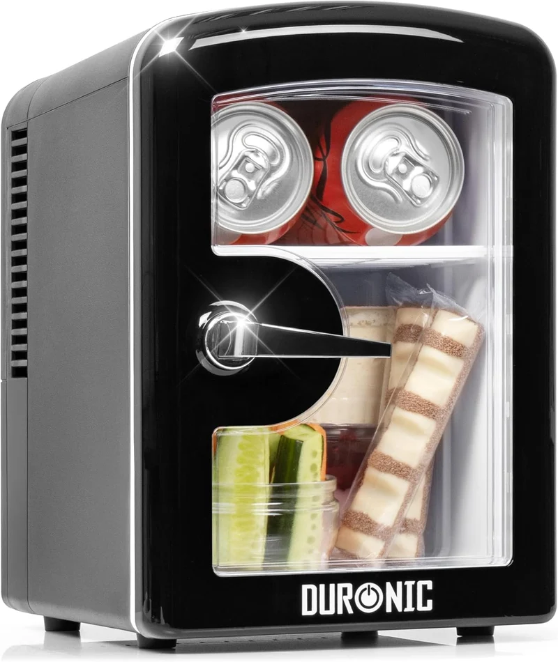 Duronic MFW4 BK Mini Nevera 4L 42W Frigorífico Portátil Frío y Calor - Capacidad 6 Latas AC DC para Bebidas Snacks Leche Materna Cosméticos Medicamentos Oficina Coche Camping