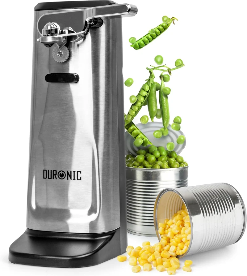 Duronic CO60 Abrelatas Eléctrico 50W - Incluye abrebotellas y afilador de cuchillos, funcionamiento con una sola pulsación, diseño compacto y elegante para personas con artritis o movilidad reducida.