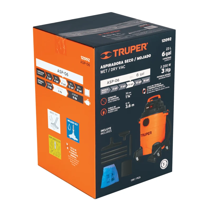 Aspiradora de sólidos y líquidos, 6 gal, plástica, TRUPER