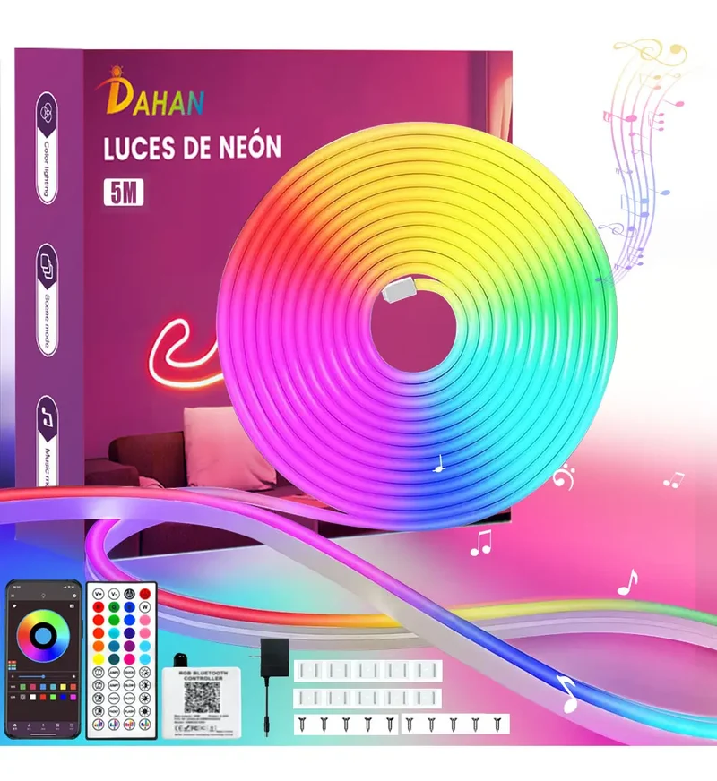Tira De Luz Led Rgb De Neón Ip65 Flexible Bluetooth De 5m
