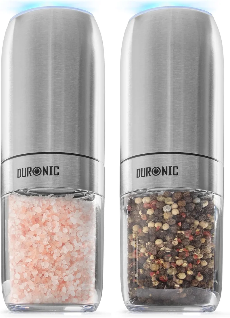 Duronic EMB2 Set 2 Molinillos Eléctricos Sal y Pimienta Automáticos - Molinos de Especias 150 ml con Luz LED, Ajuste Preciso de Molienda, Portátiles, Funciona con Pilas AAA, Fácil y Práctico