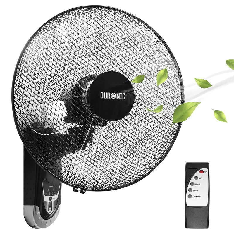 Duronic FN55 BK Ventilador de Pared Oscilante 60 W con Mando a distancia Temporizador y 3 velocidades | Potente con 5 Aspas y Hélice de 40 cm | Cabezal Ajustable e Inclinable | Instalación sencilla
