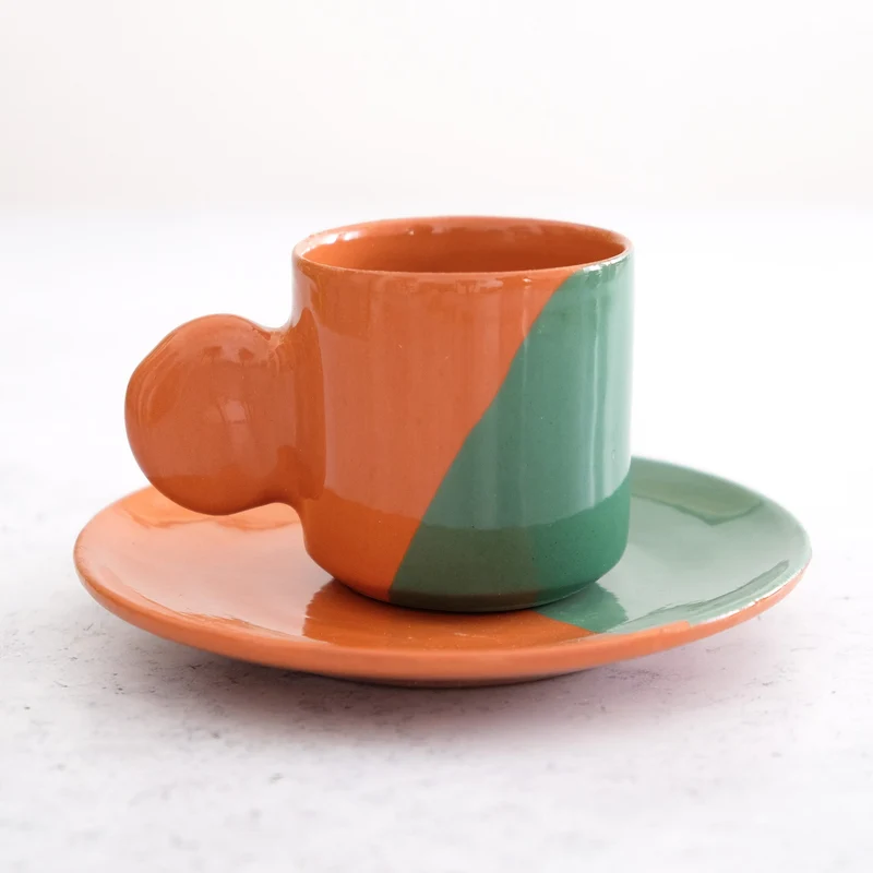 Taza y plato de espresso - Terracota y verde