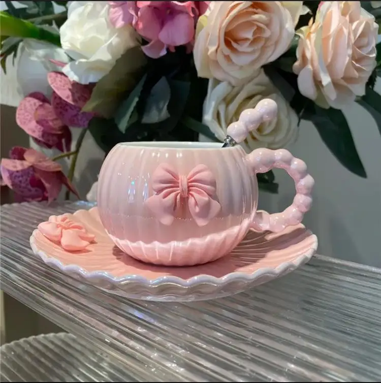 Pastel Bowknot Ribbed Teacup