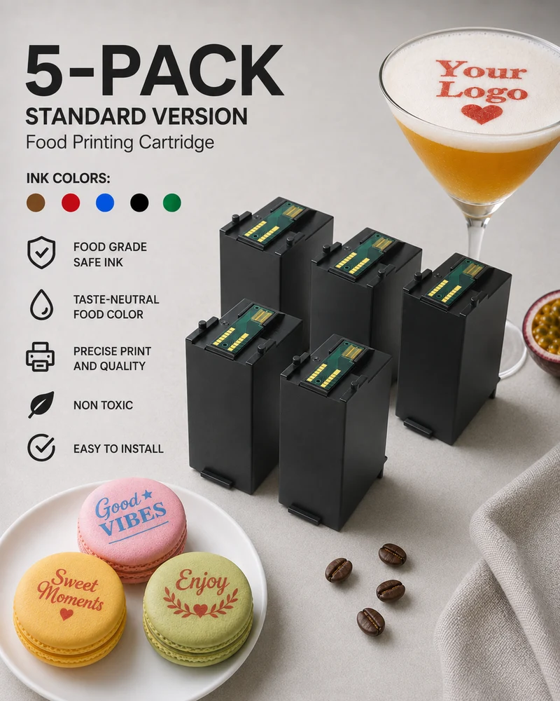 Paquete de 5 cartuchos de tinta marrón para impresoras de café/cerveza/arte latte Coloranino® (1 cartucho gratis) - Versión estándar