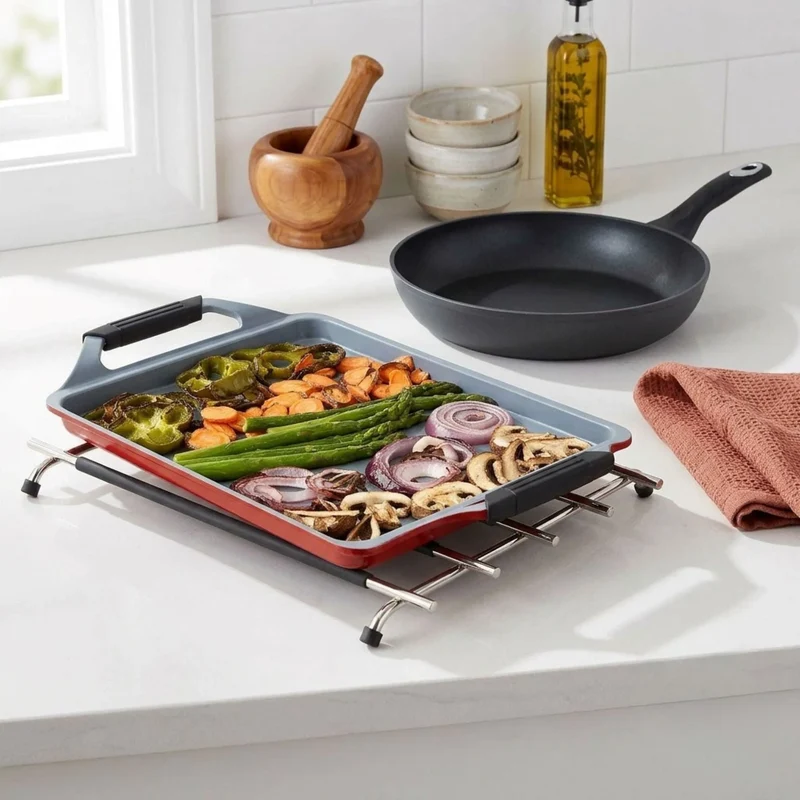 Set Gourmet Plancha Asadora Ecofundis, Sartén Inducta 24cm y Protector de Mesa Oroley