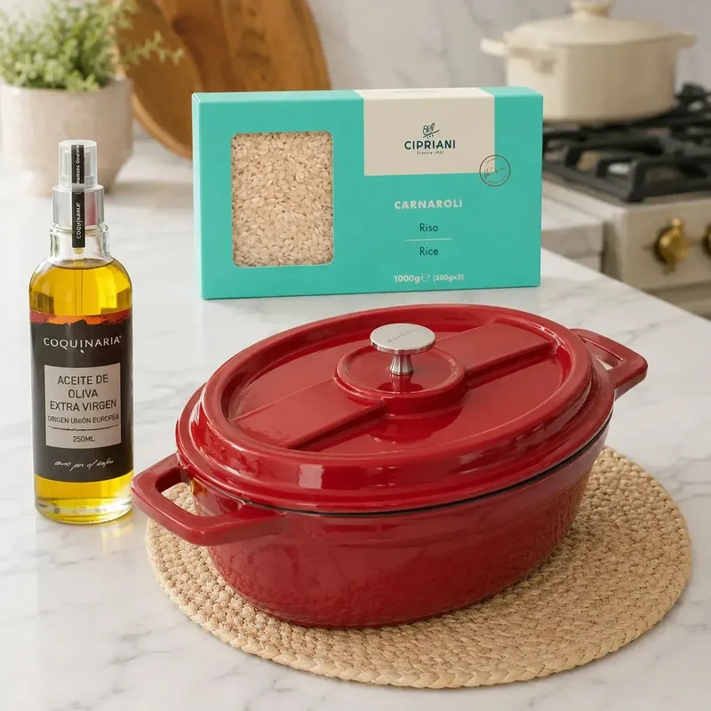 Kit Olla Hierro Fundido Roja 4.1 lts + Aceite Oliva extra virgen en Spray + Arroz para Risotto Carnaroli 1 kg Cipriani