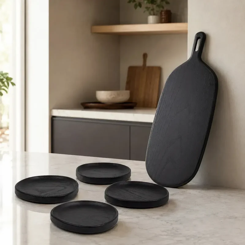 Kit Tabla Madera Negra 49 cms Coquinaria + Set 4 platos Madera Negra Coquinaria