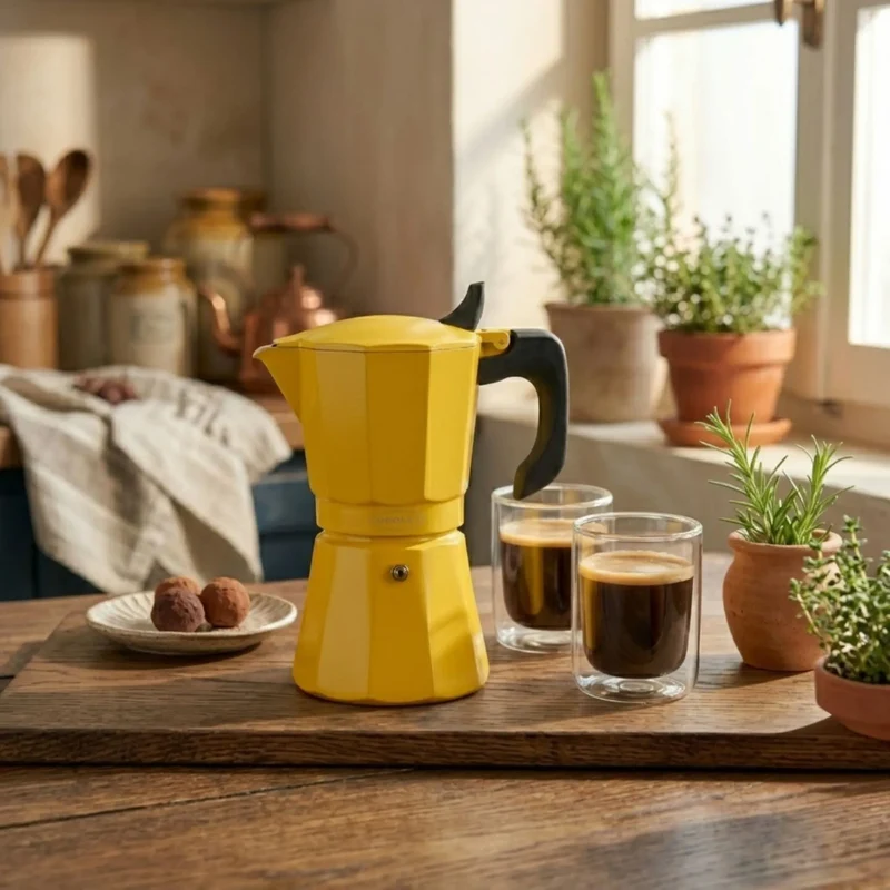 Set Cafetera Petra color Mostaza 9 tazas Expreso + vasos doble pared Genova 250cc.