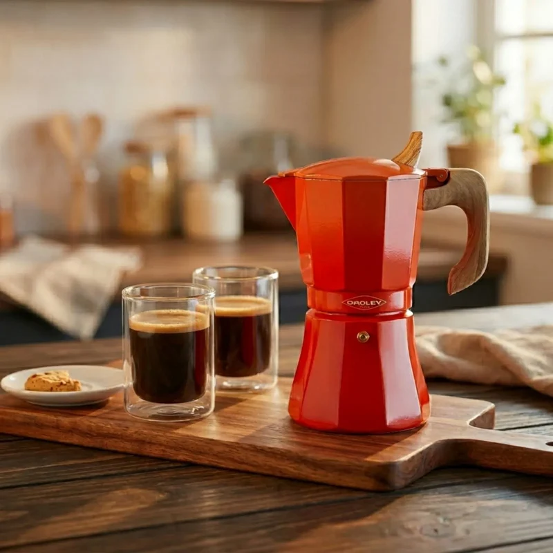 Set Cafetera Petra Naranja 9 Tazas expresso + Set de vasos Génova 250ccm.