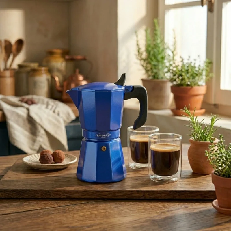 Set Cafetera Petra Azul 9 Tazas expreso + Set vasos Génova 250cc.