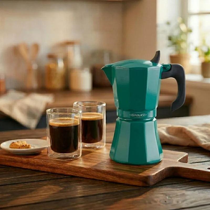 Set Cafetera Petra Verde 9 Tazas Expreso + Set vasos Génova 250cc.