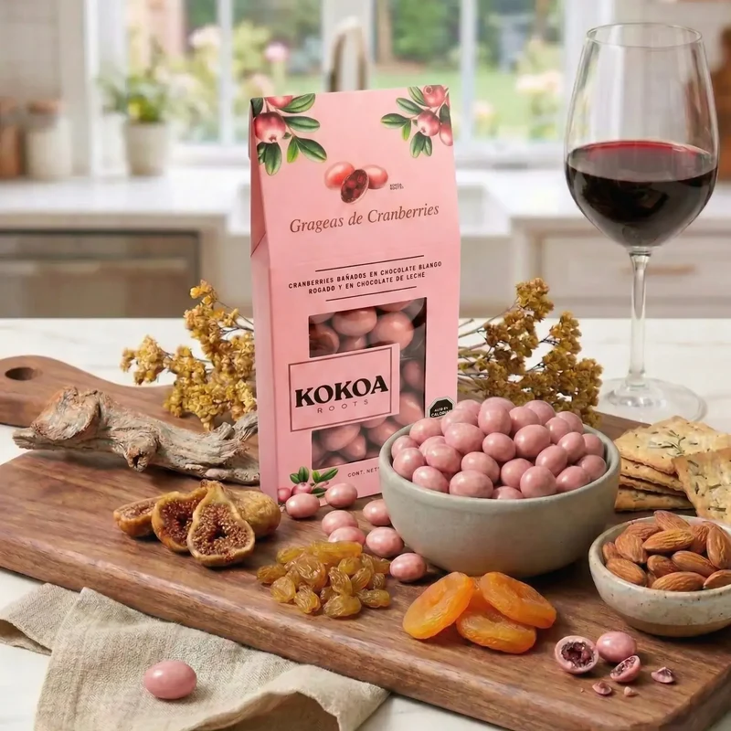 Grageas de Cranberries en Chocolate Rosado 90 grs Kokoa Roots.