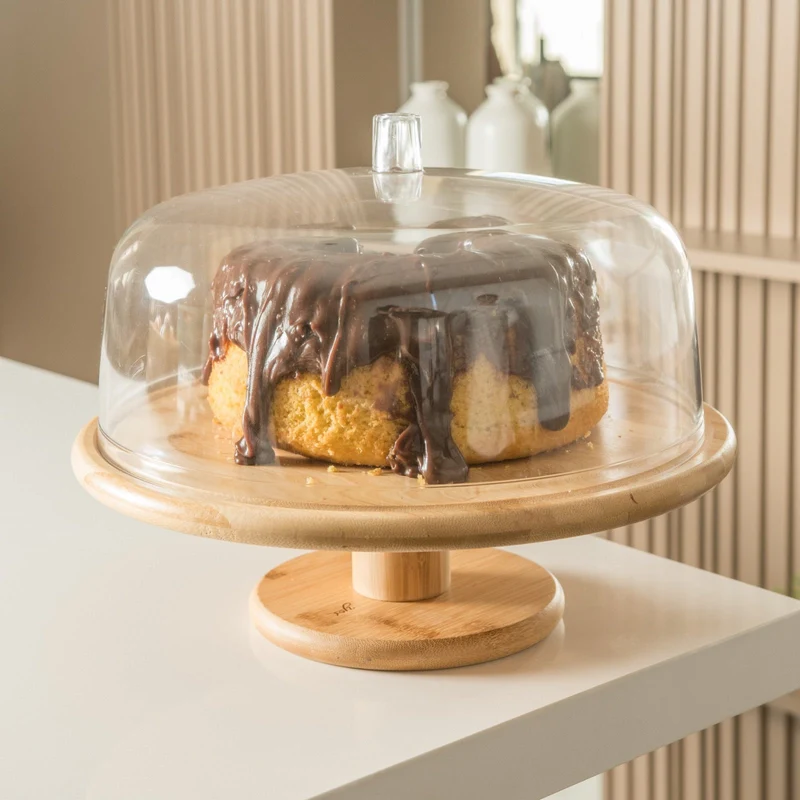 Porta Torta Con Tapa Y Pedestal Bambú 27,5 Cm Ou