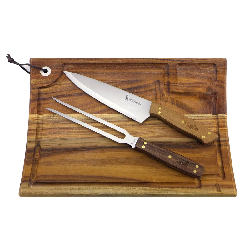 Kit Estuche Tabla Madera + Cuchillo 8 + Tenedor Cuero Kangkawe
