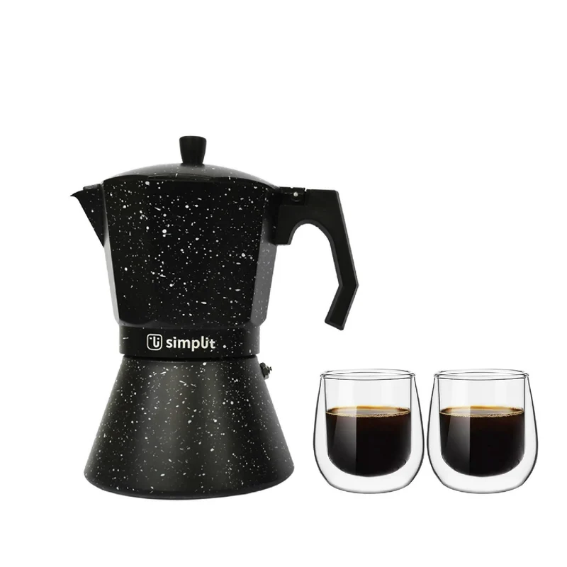Pack Cafetera Italiana 4 Tazas + Set 2 Tazas Expreso 80 ml Simplit
