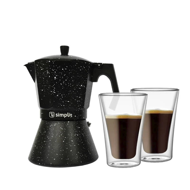 Pack Cafetera Italiana 4 Tazas + Set 2 Vasos Doble Pared Simplit